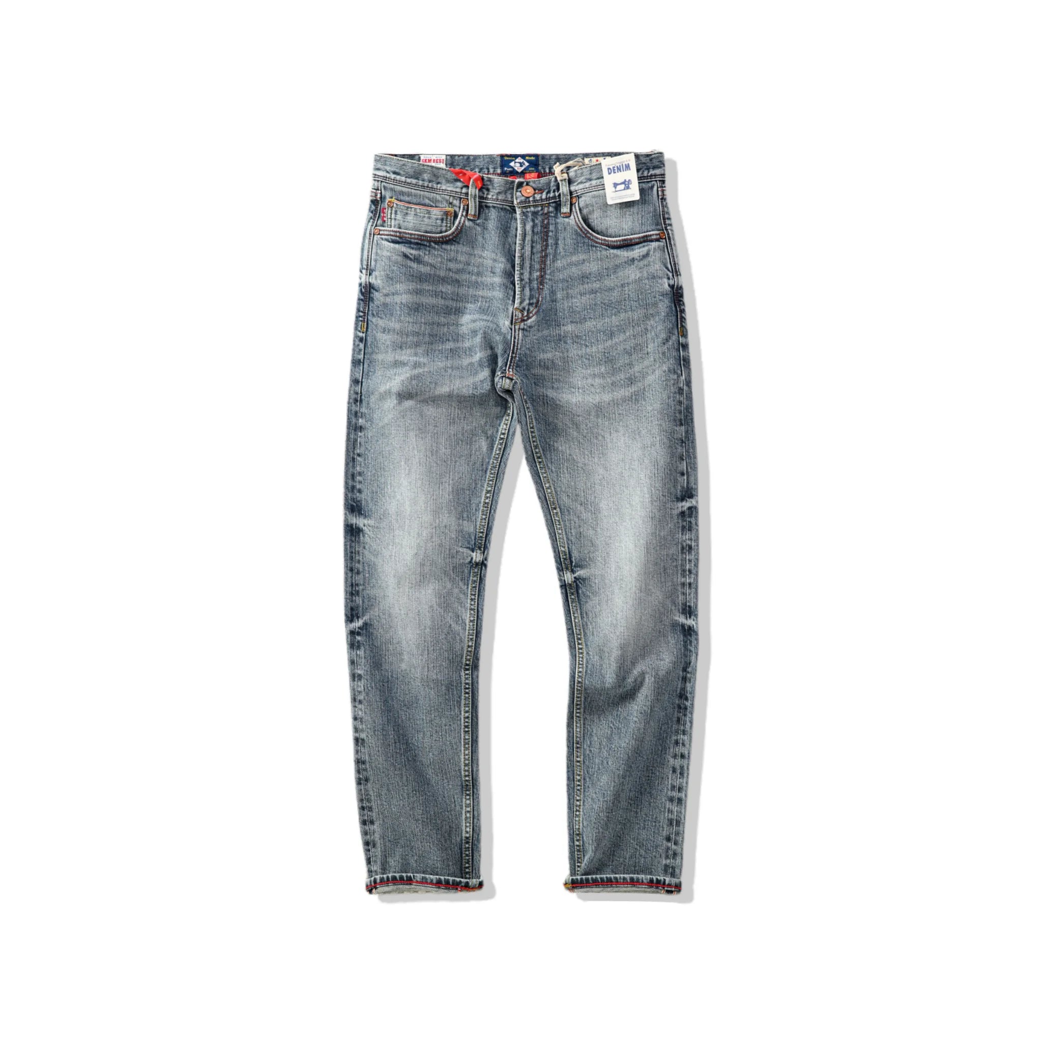 Jean slim droit bleu clair 14 oz à lisière indigo délavée