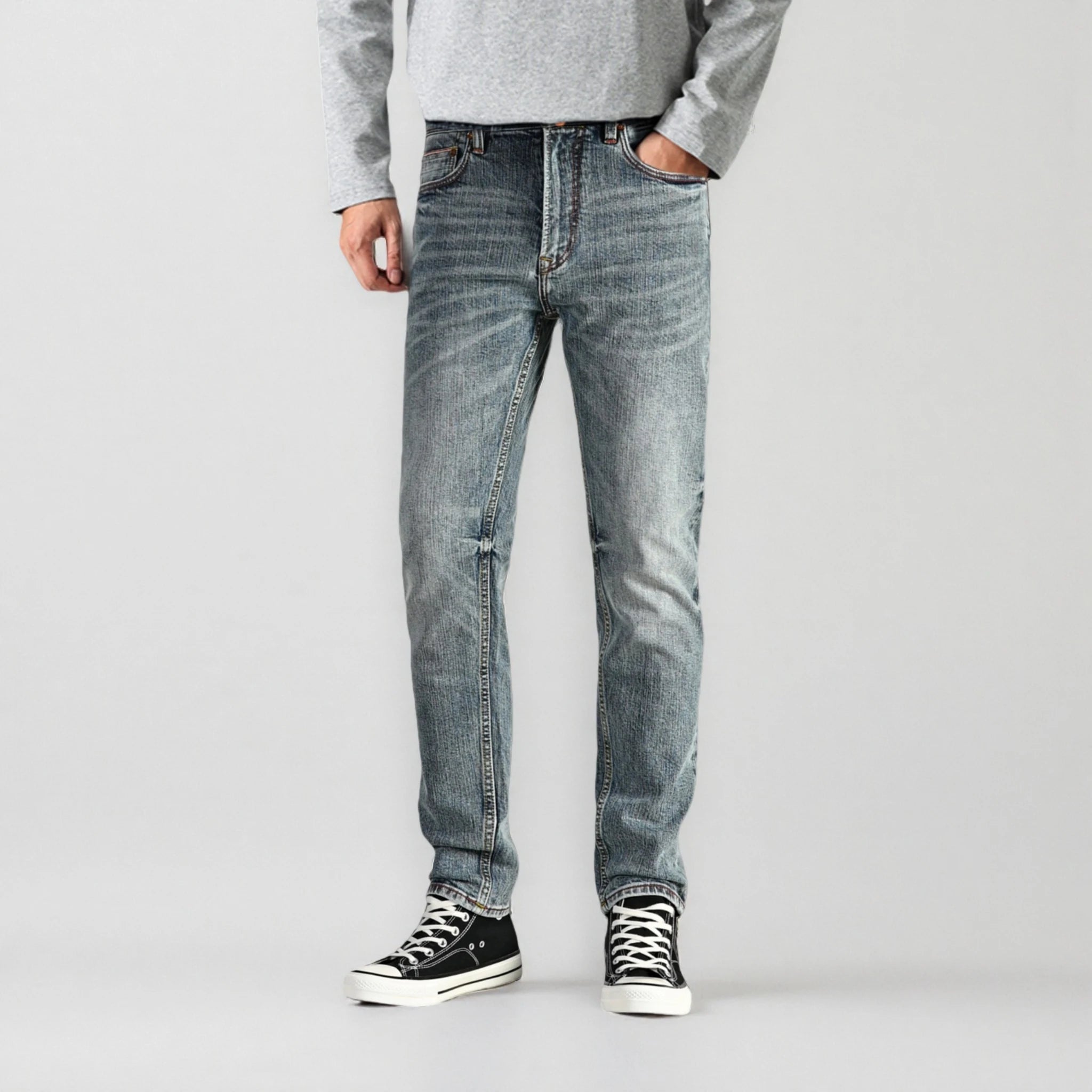 Jean slim droit bleu clair 14 oz à lisière indigo délavée