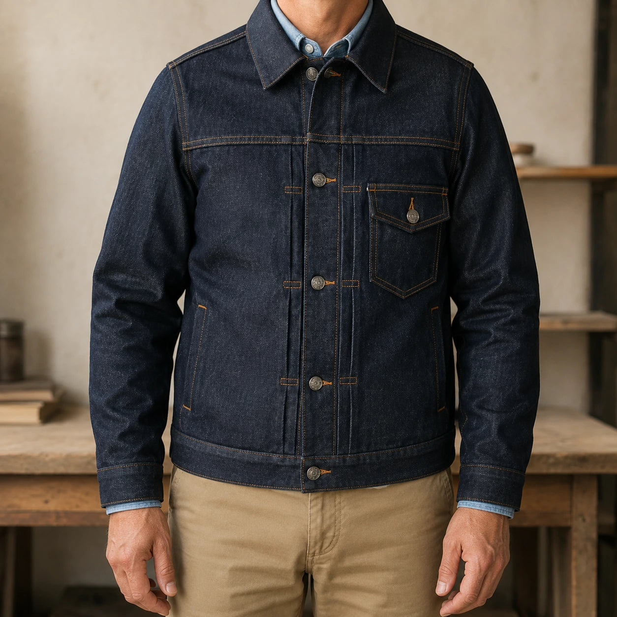 Model wearing 15oz Type I Unsanforiezd Raw Selvedge Denim Jacket