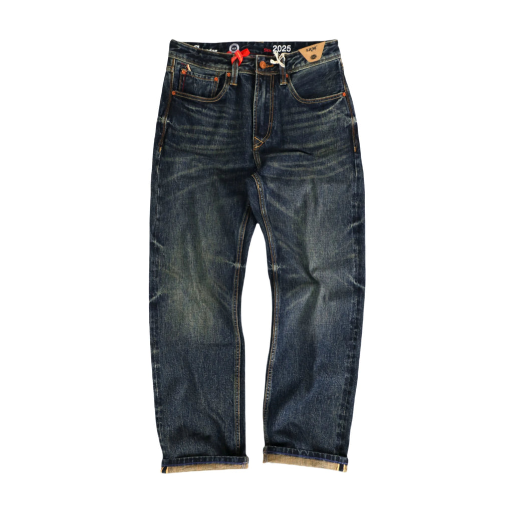 Blue jeans with visible branding on a white background