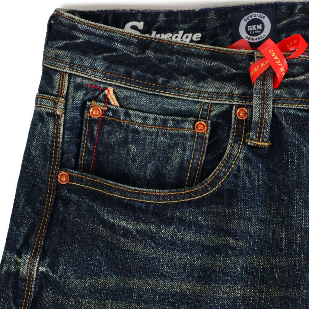 15oz Dark Blue Washed Selvedge Relaxed Straight Jeans For Athletic Body