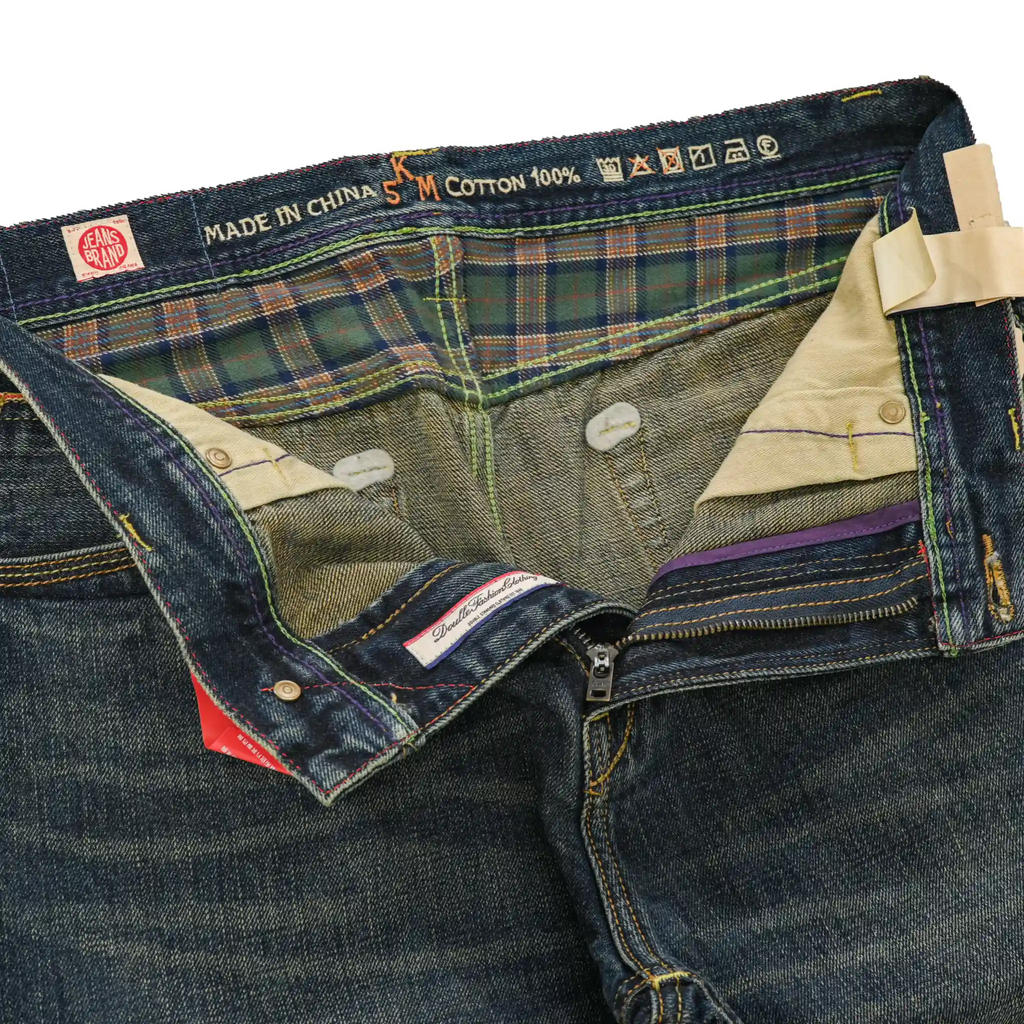 Close-up of a pair of jeans with visible stitching and labels.