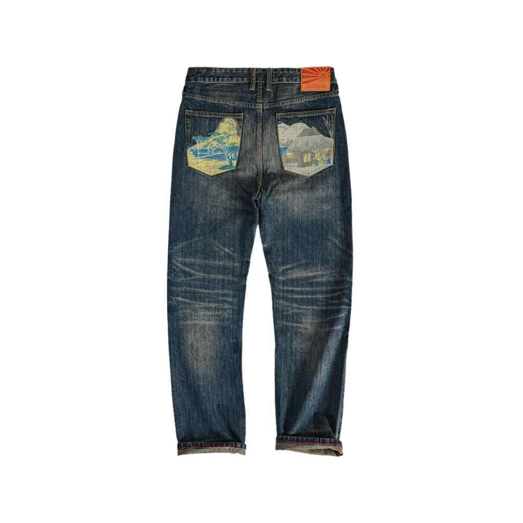 Jean selvedge bleu vintage 16 oz, délavé épais, coupe droite décontractée