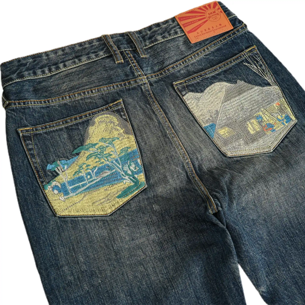 Jean selvedge bleu vintage 16 oz, délavé épais, coupe droite décontractée