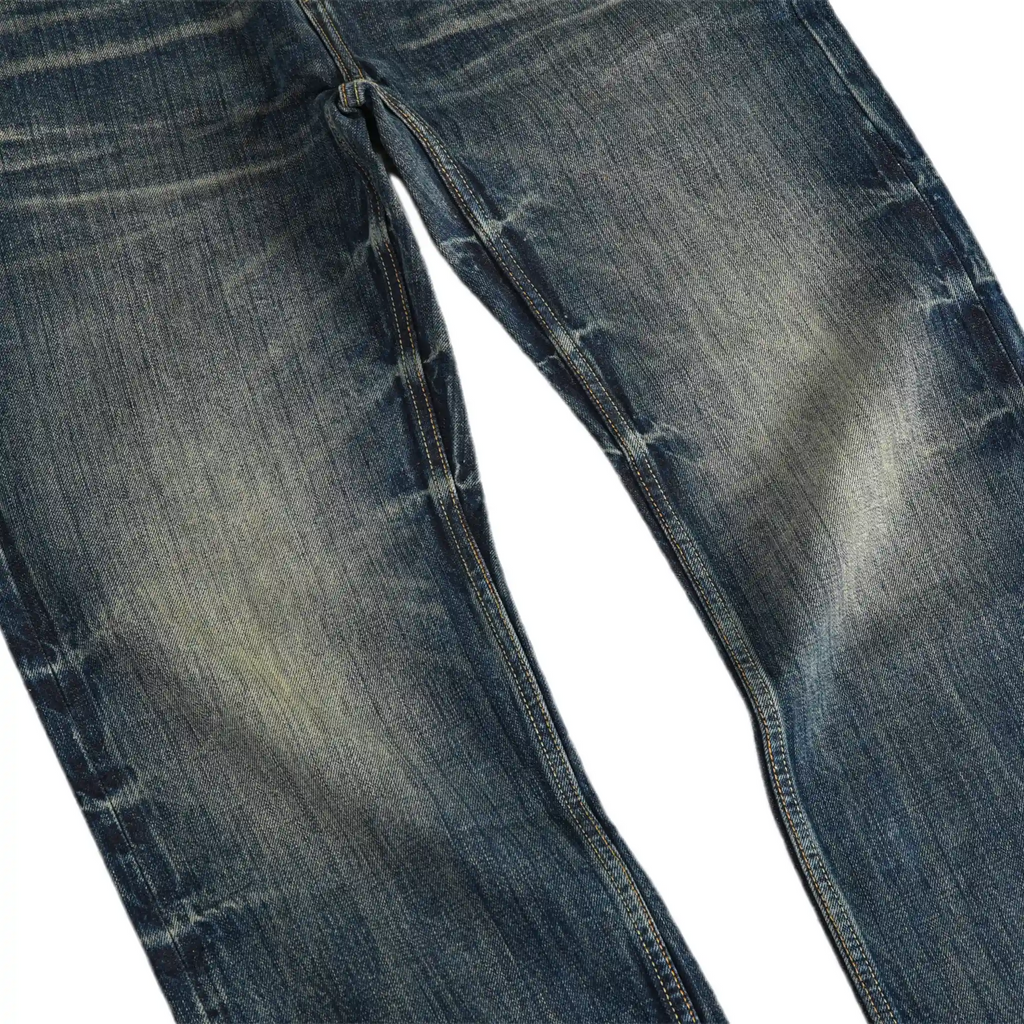Jean selvedge bleu vintage 16 oz, délavé épais, coupe droite décontractée