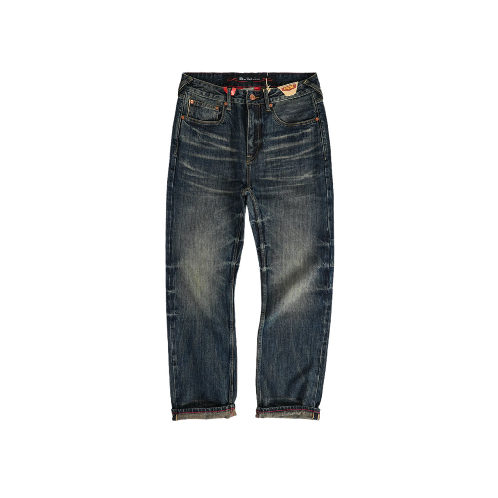 Jean selvedge bleu vintage 16 oz, délavé épais, coupe droite décontractée
