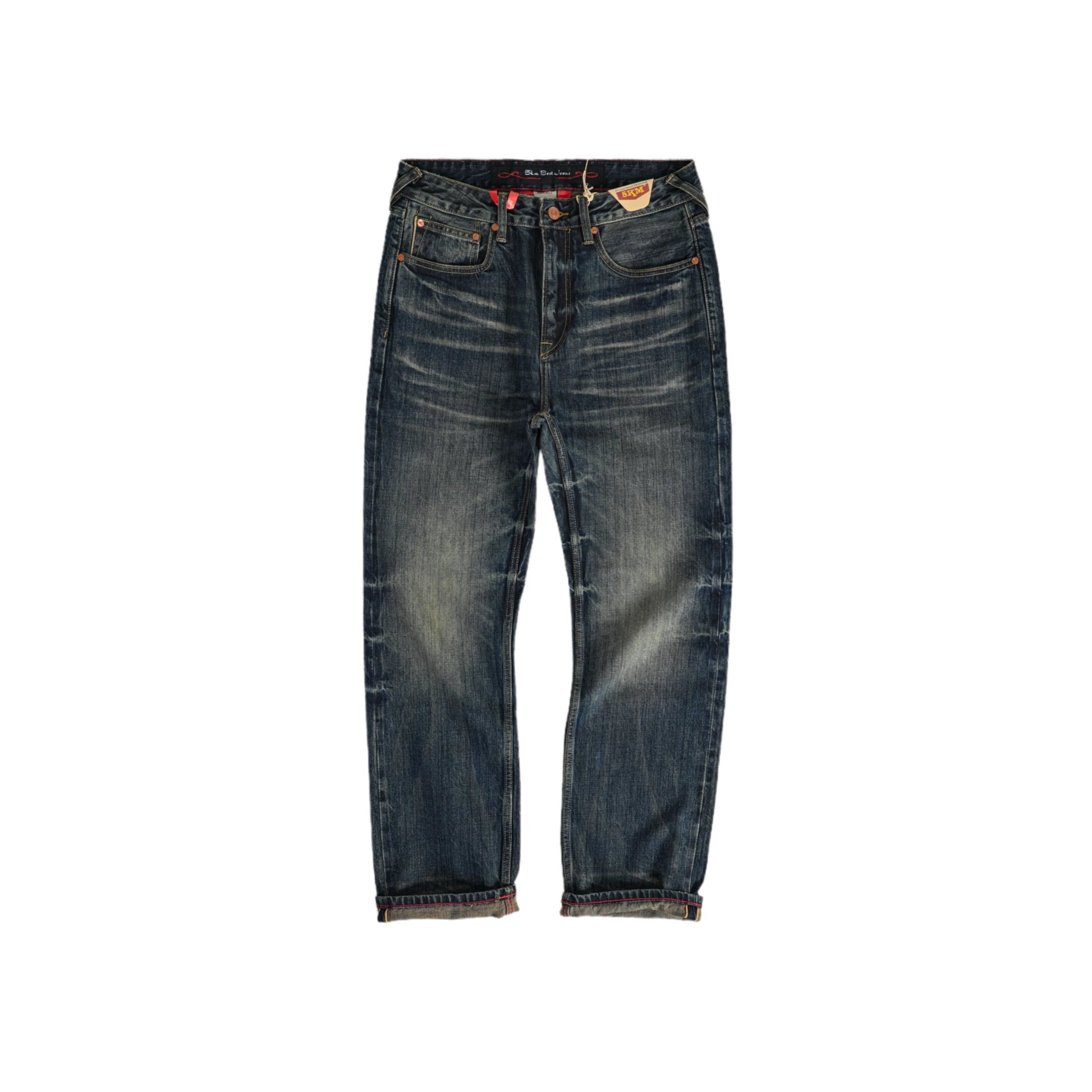 Jean selvedge bleu vintage 16 oz, délavé épais, coupe droite décontractée