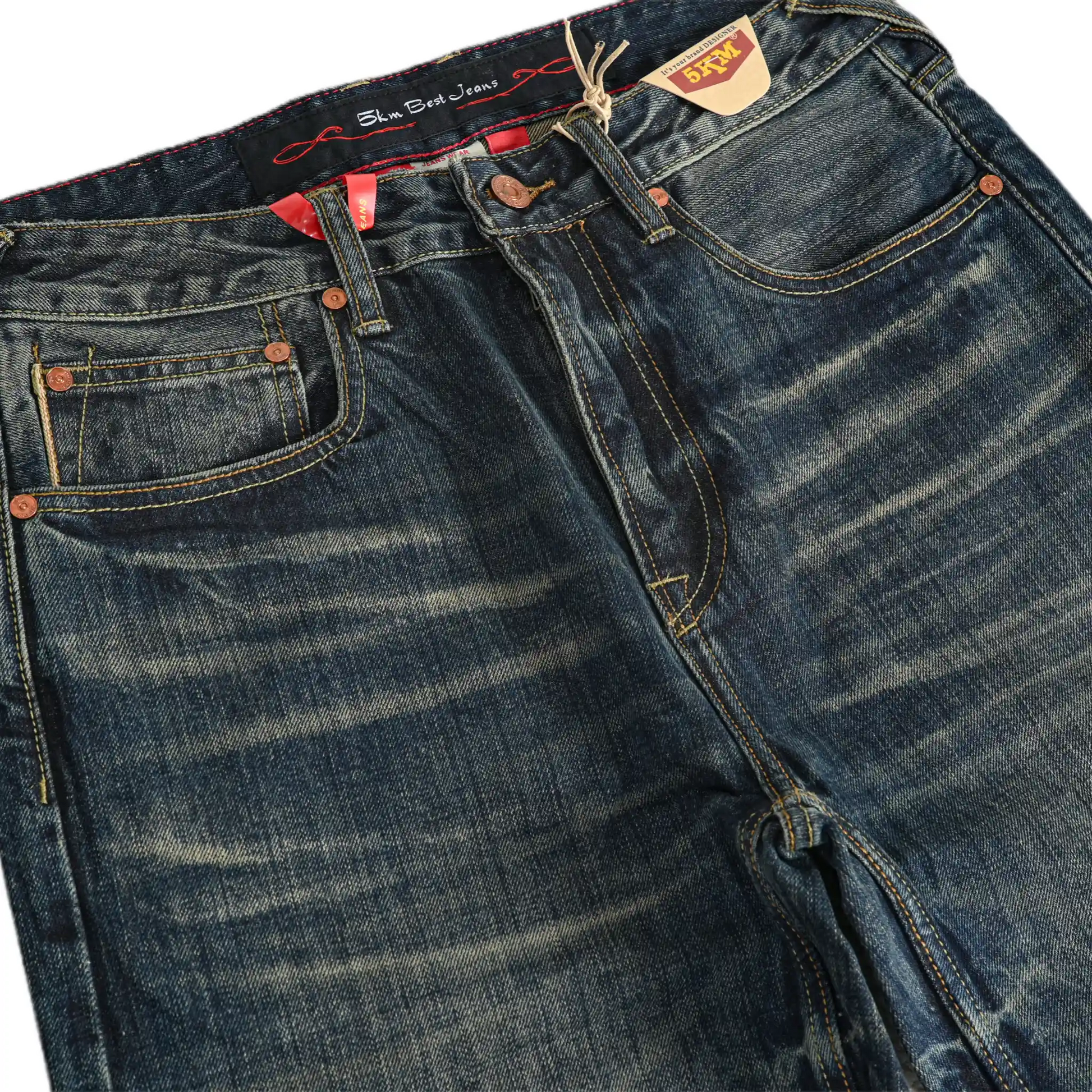 Jean selvedge bleu vintage 16 oz, délavé épais, coupe droite décontractée