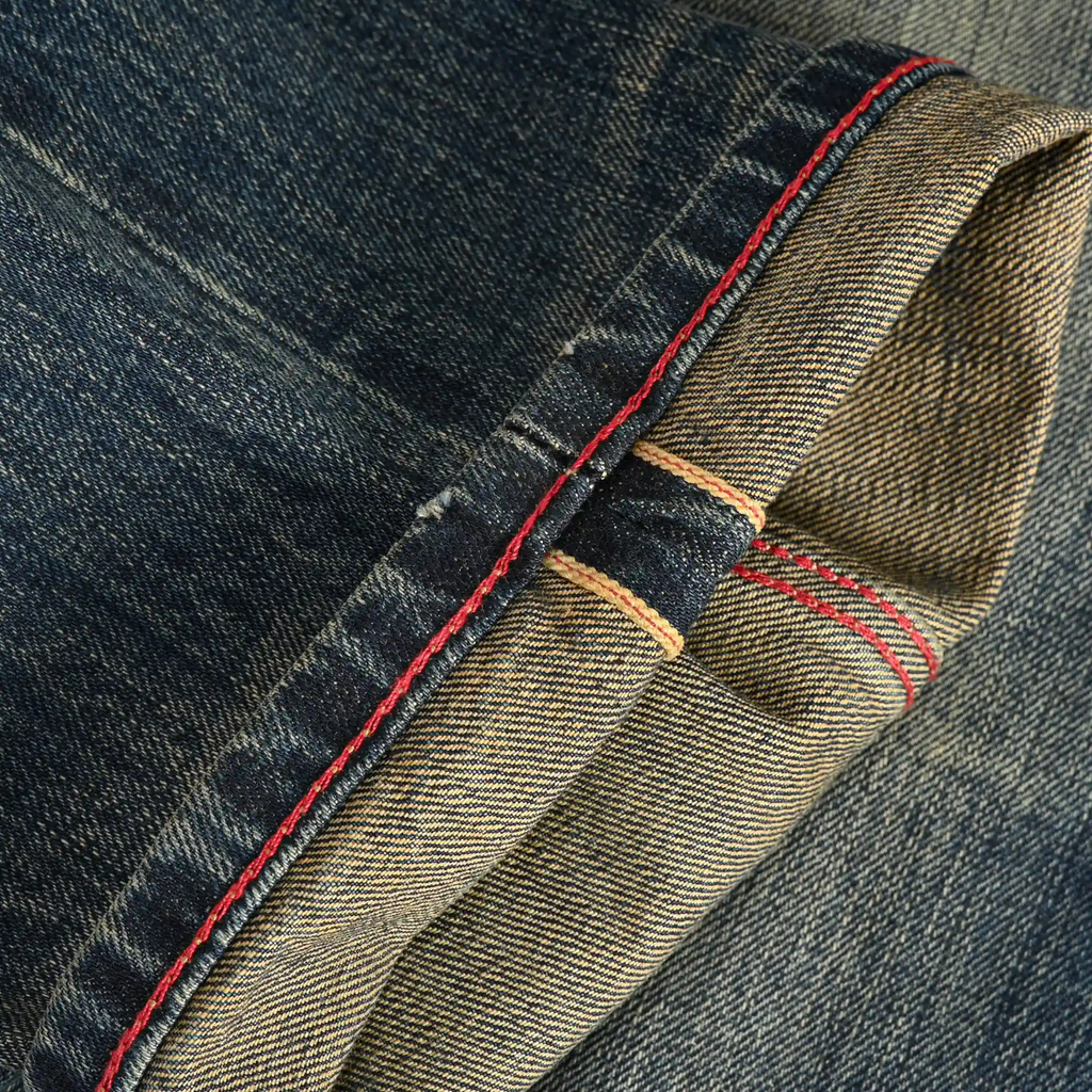 Jean selvedge bleu vintage 16 oz, délavé épais, coupe droite décontractée