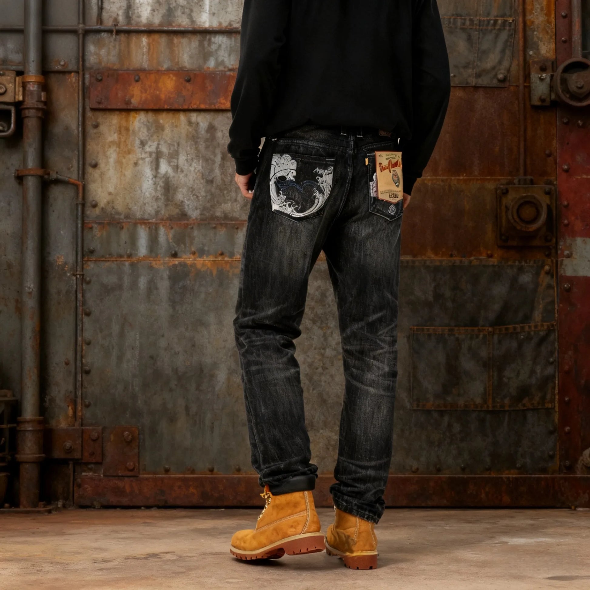 17oz Black Washed Selvedge Straight Jeans With Art Weave