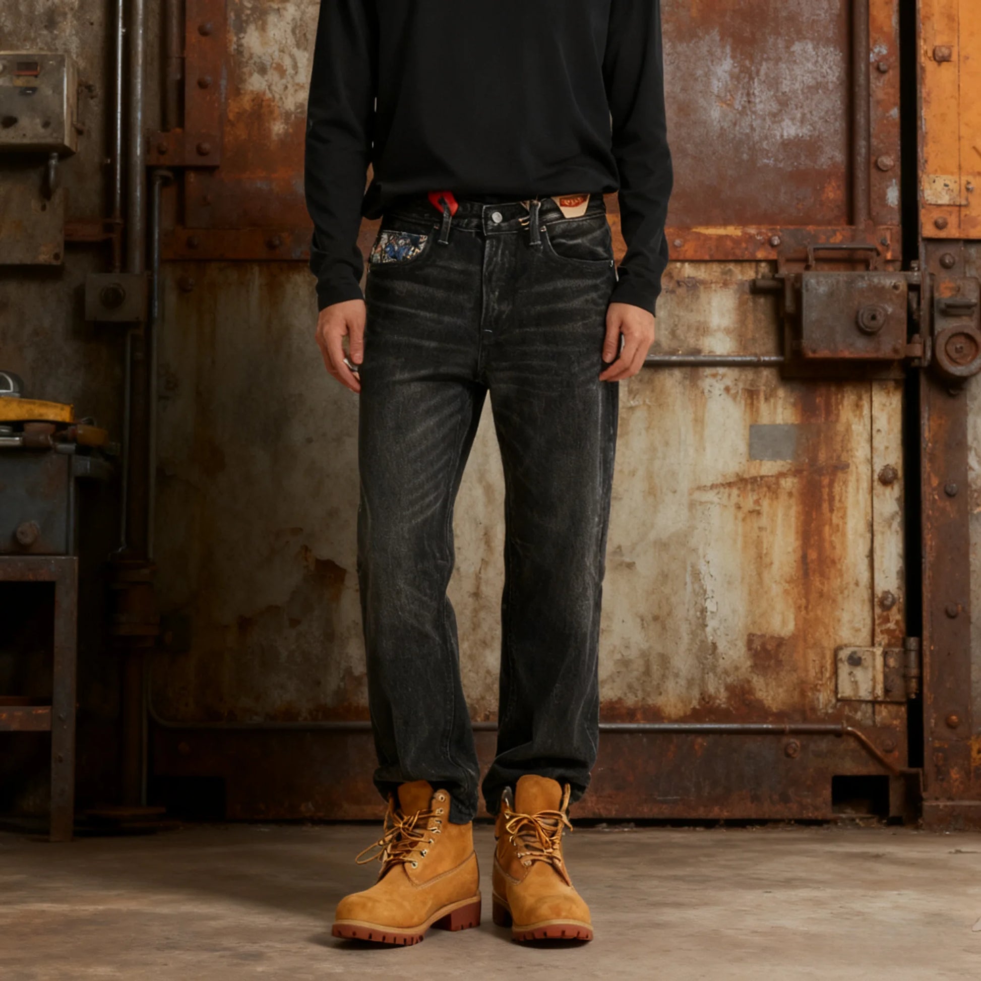 17oz Black Washed Selvedge Straight Jeans With Art Weave