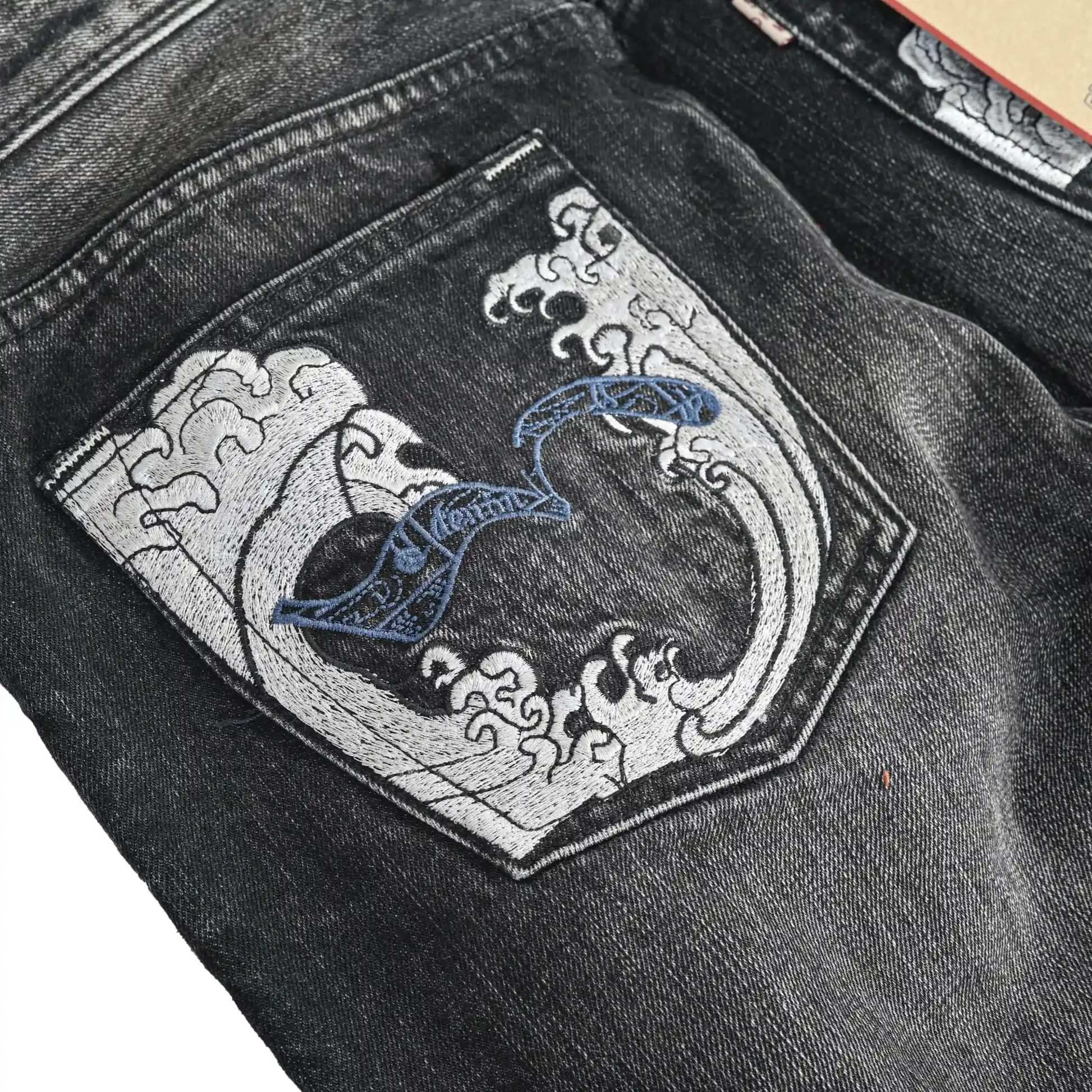 17oz Black Washed Selvedge Straight Jeans With Art Weave