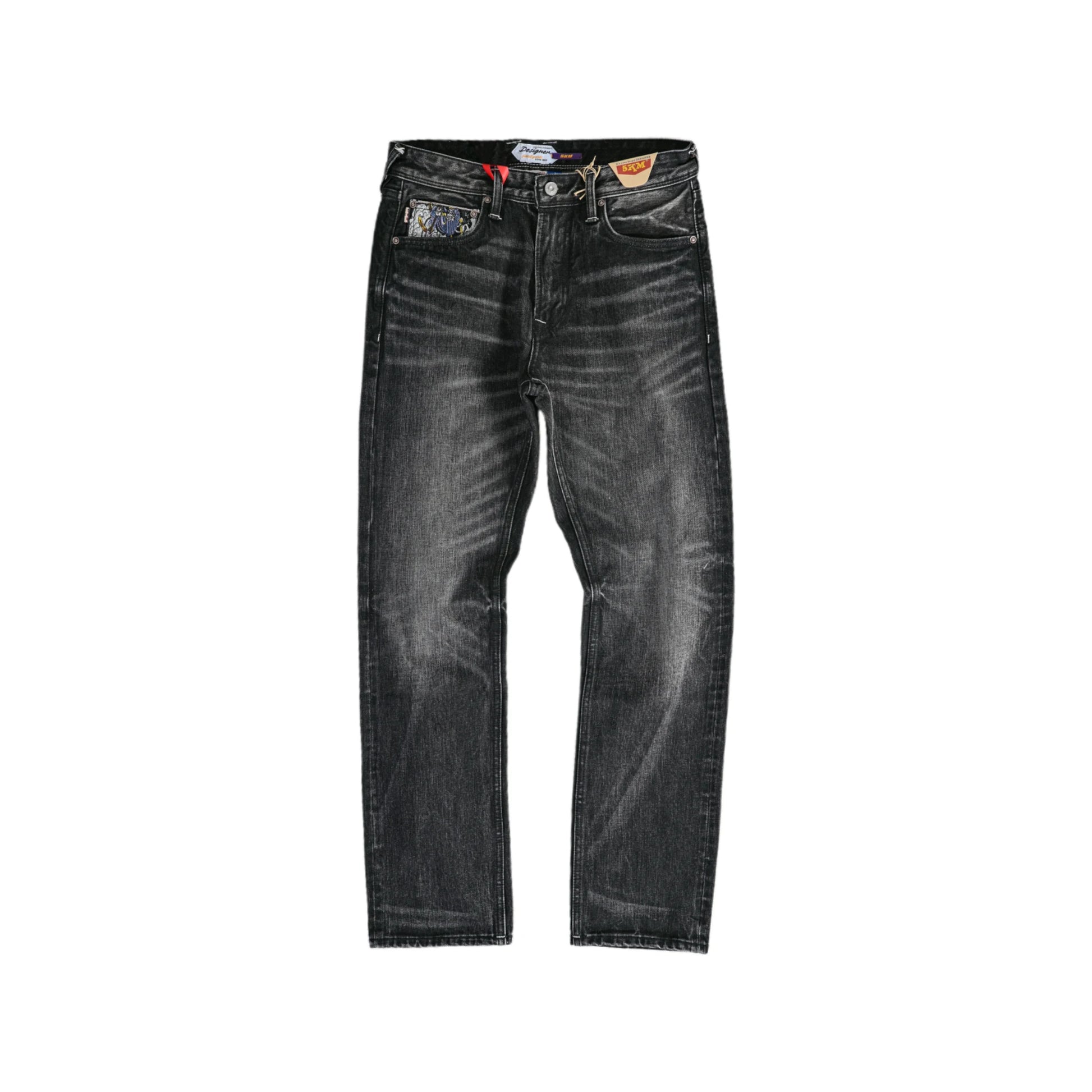 17oz Black Washed Selvedge Straight Jeans With Art Weave