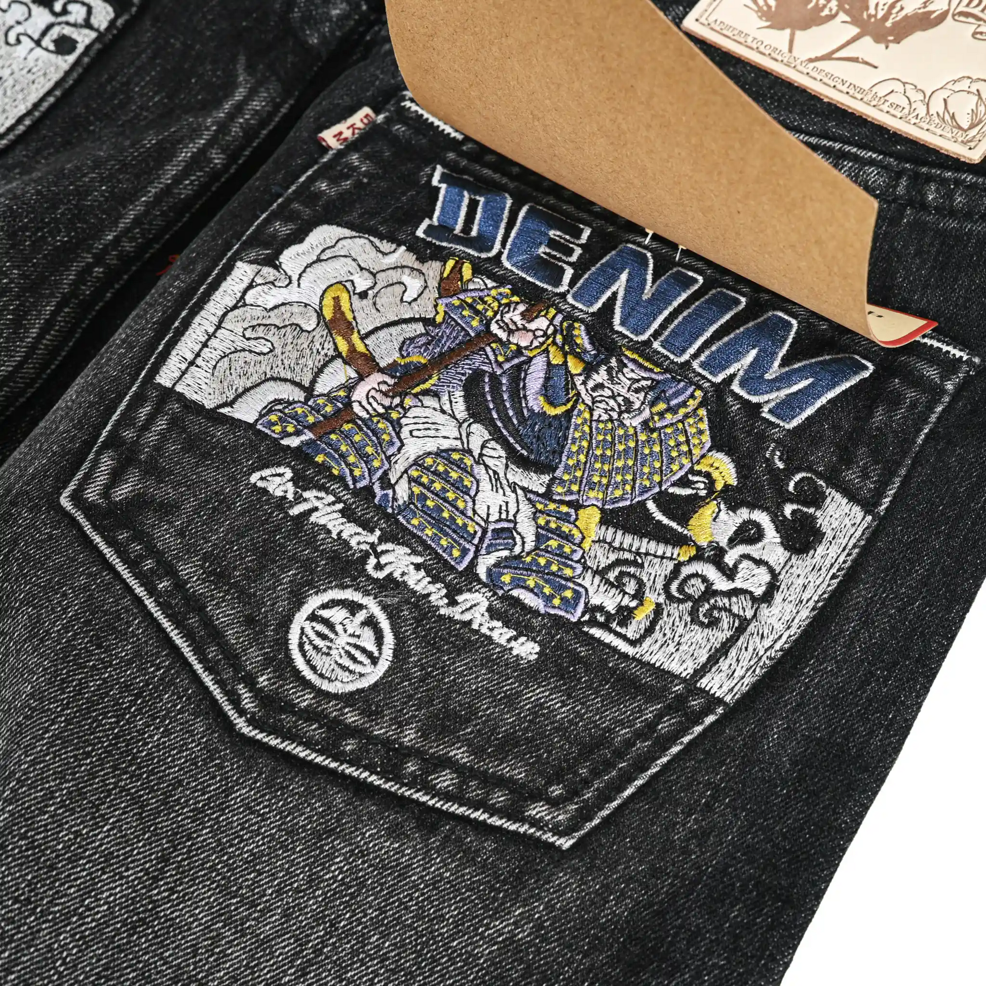 17oz Black Washed Selvedge Straight Jeans With Art Weave