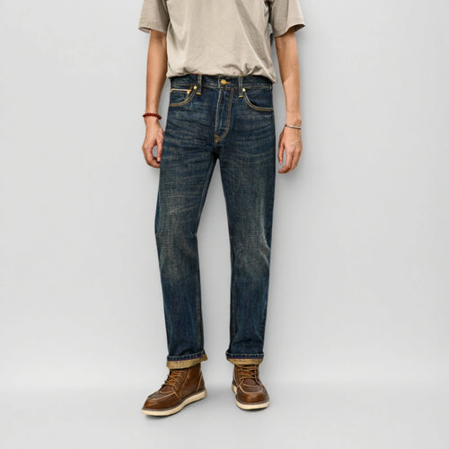 Jean droit en coton égyptien bleu foncé 17 oz à lisière