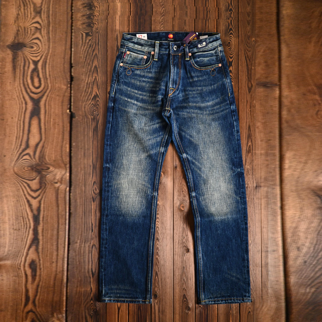 Vintage Blaue Slim Straight Fit Selvedge Jeans mit verblasster Waschung