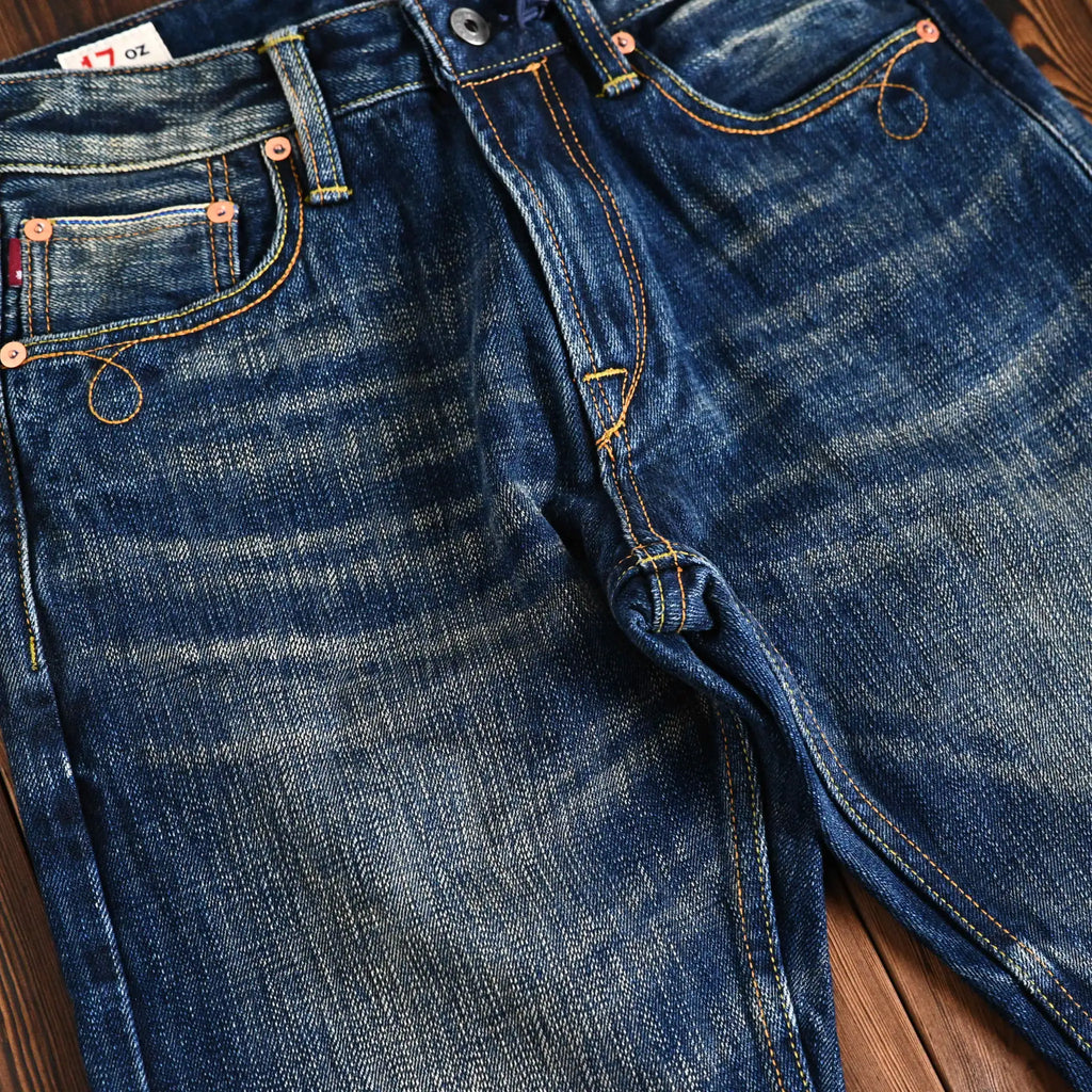 Vintage Blaue Slim Straight Fit Selvedge Jeans mit verblasster Waschung