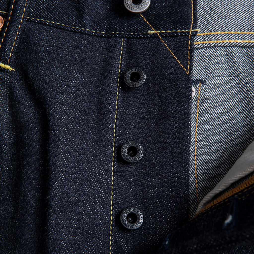 Button and fastening detail of 17oz Raw Selvedge Denim Jeans – Unsanforized Slim Tapered Fit