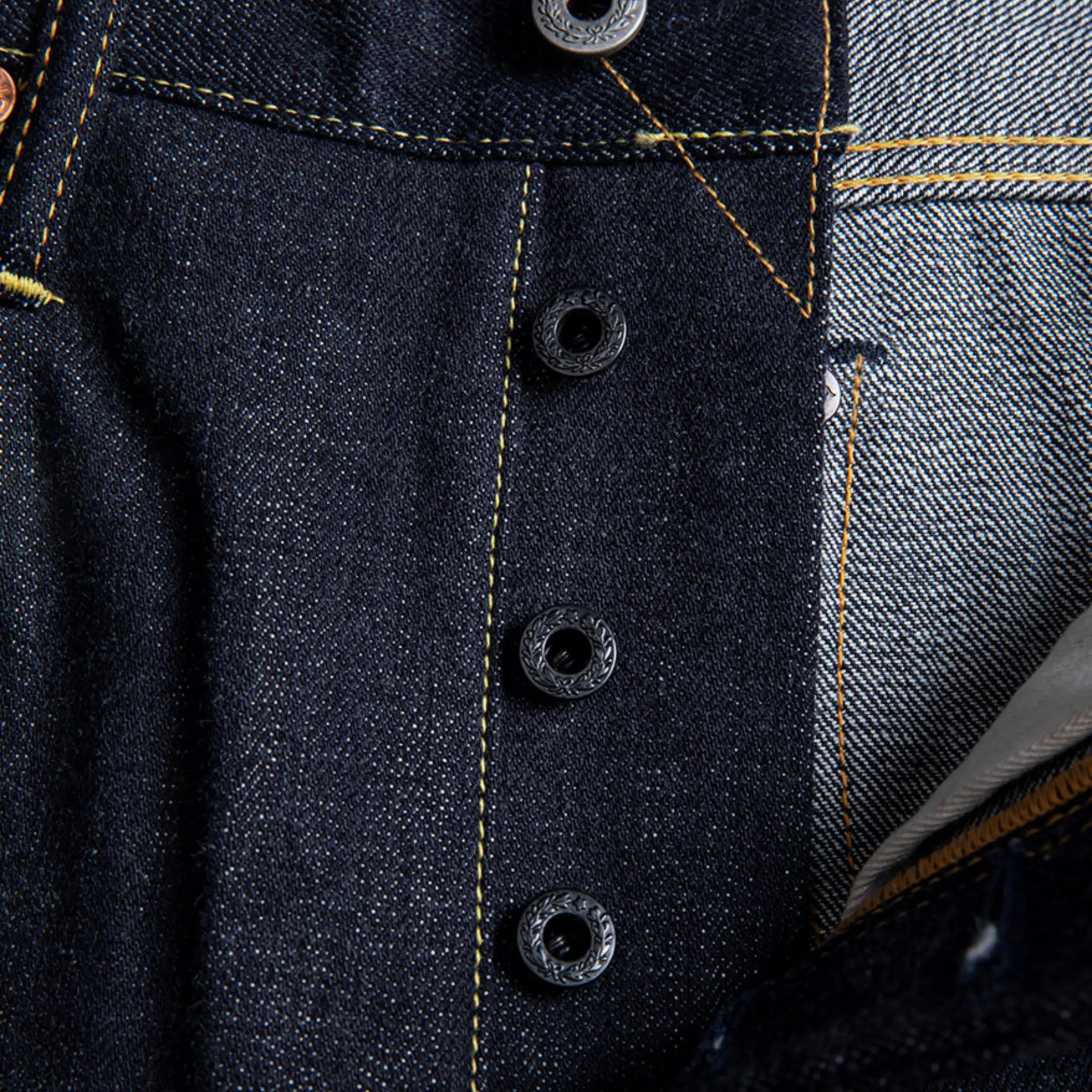 Button and fastening detail of 17oz Raw Selvedge Denim Jeans – Unsanforized Slim Tapered Fit