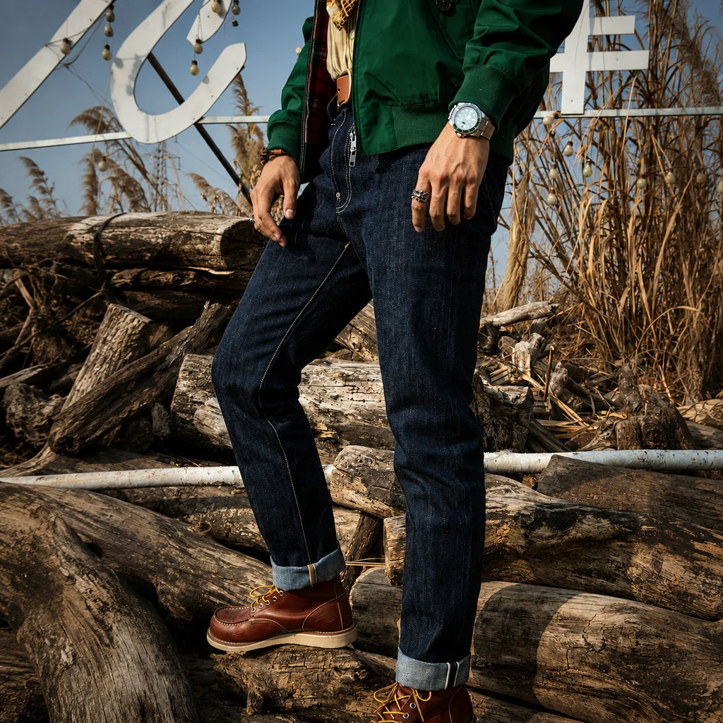 Model wearing 17oz Raw Selvedge Denim Jeans – Unsanforized Slim Tapered Fit