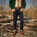 Front view of model wearing 17oz Raw Selvedge Denim Jeans – Unsanforized Slim Tapered Fit