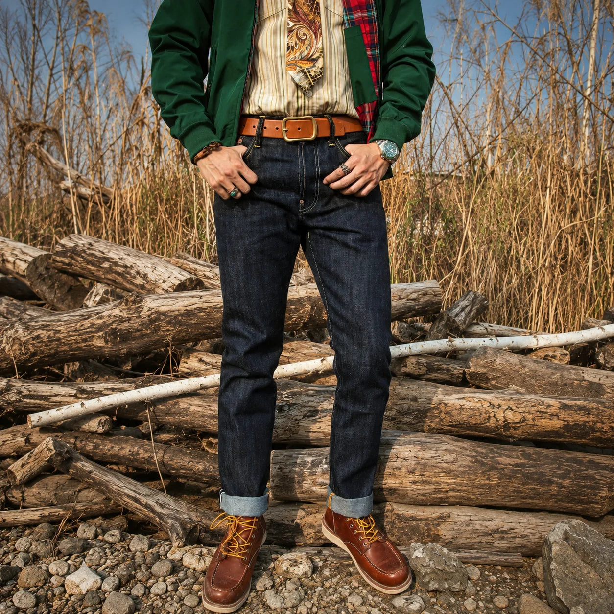Front view of model wearing 17oz Raw Selvedge Denim Jeans – Unsanforized Slim Tapered Fit