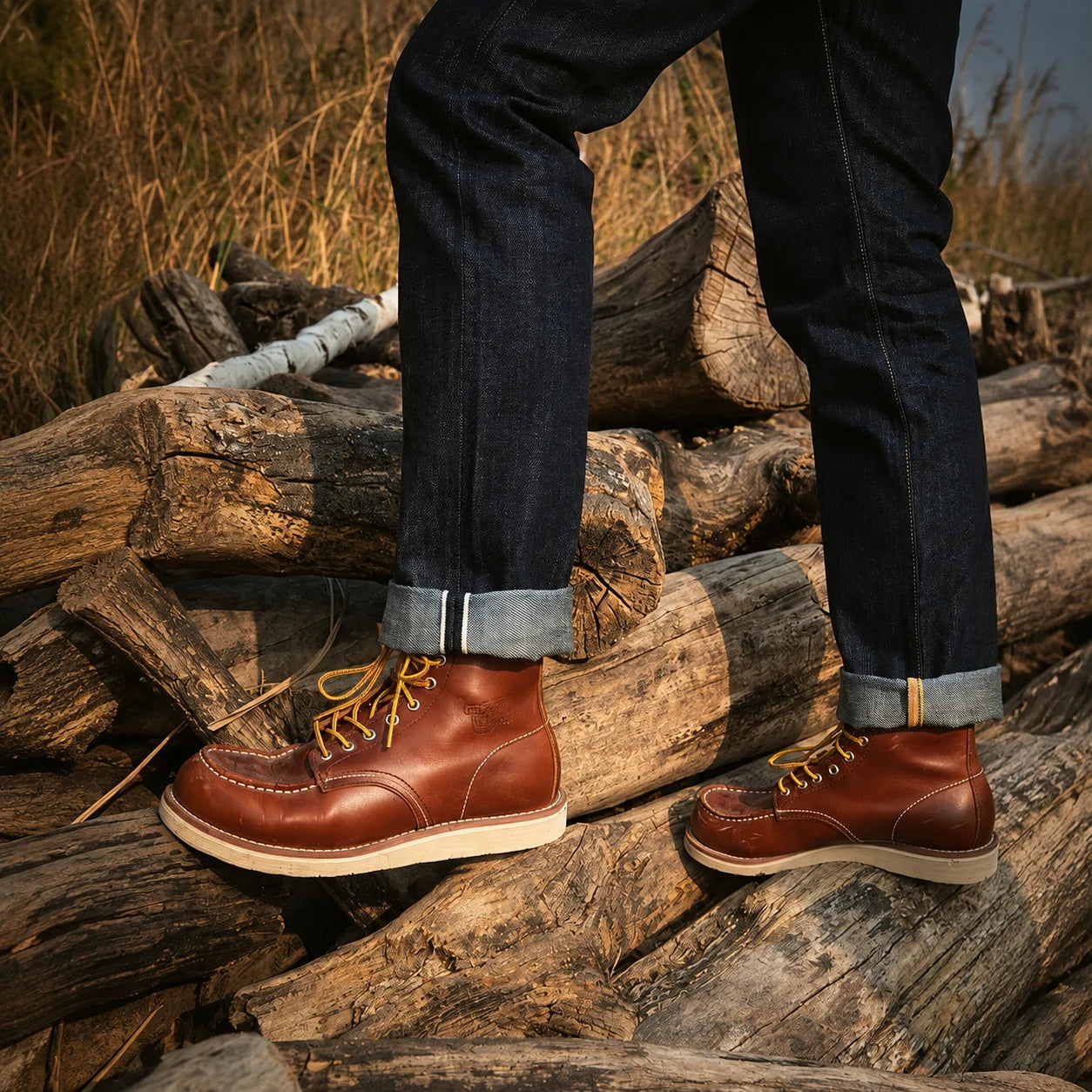 Selvedge ID detail of 17oz Raw Selvedge Denim Jeans – Unsanforized Slim Tapered Fit worn by a model