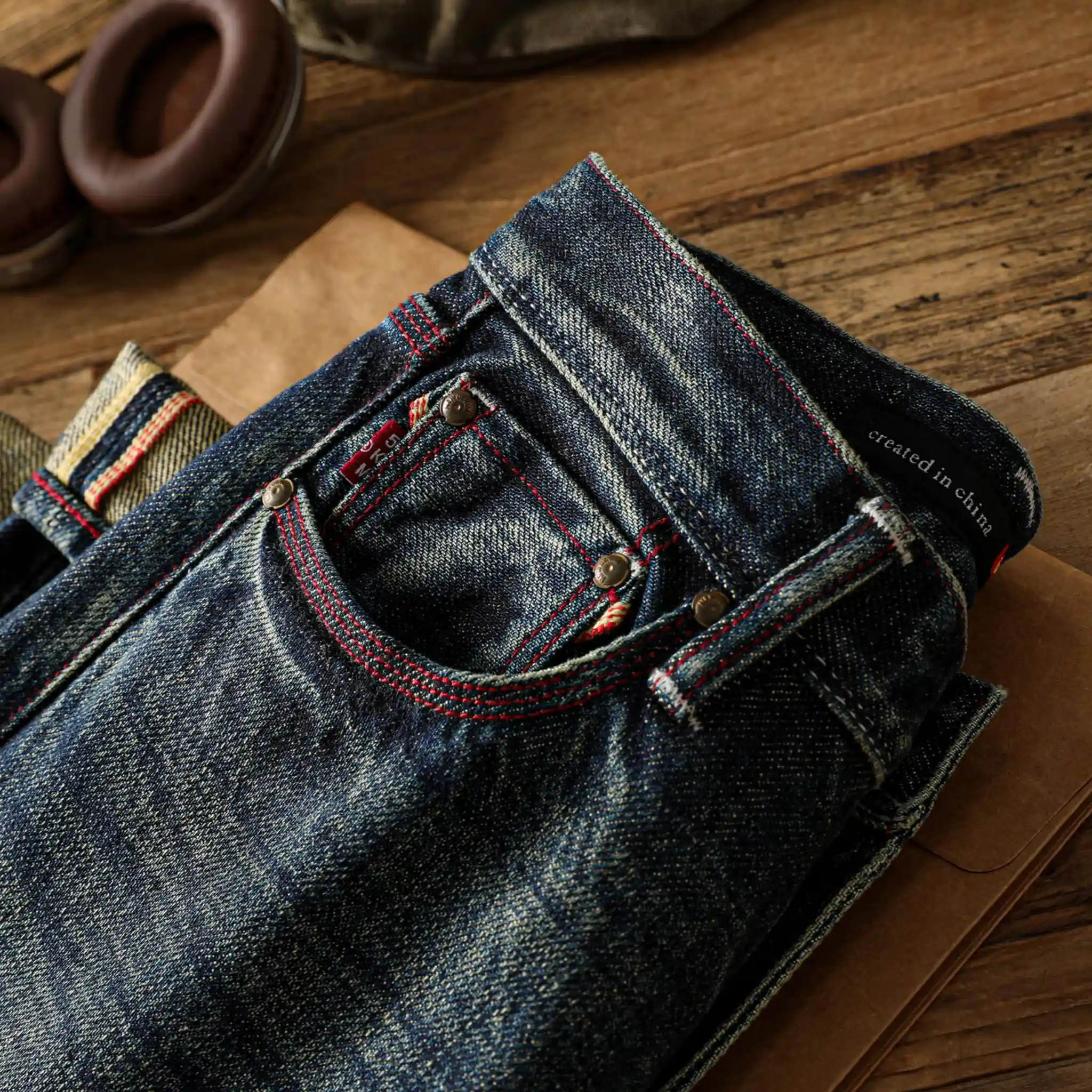 19oz Dunkelblaue Selvedge Straight Jeans mit Vintage-Waschung