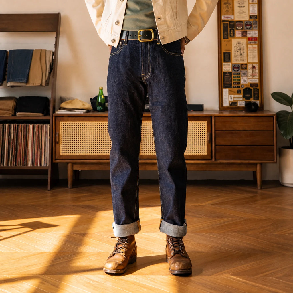 Vintage Blaue Slim Straight Fit Selvedge Jeans mit verblasster Waschung