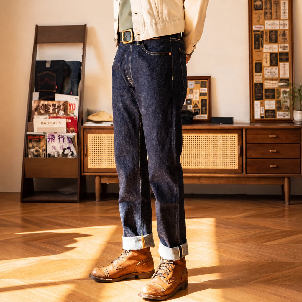Vintage Blaue Slim Straight Fit Selvedge Jeans mit verblasster Waschung