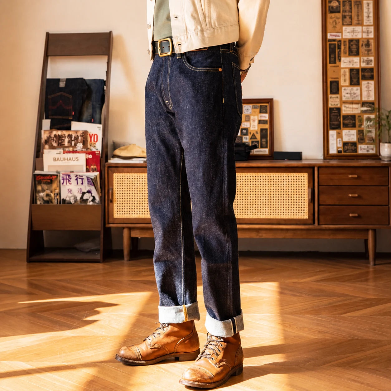 Vintage Blaue Slim Straight Fit Selvedge Jeans mit verblasster Waschung