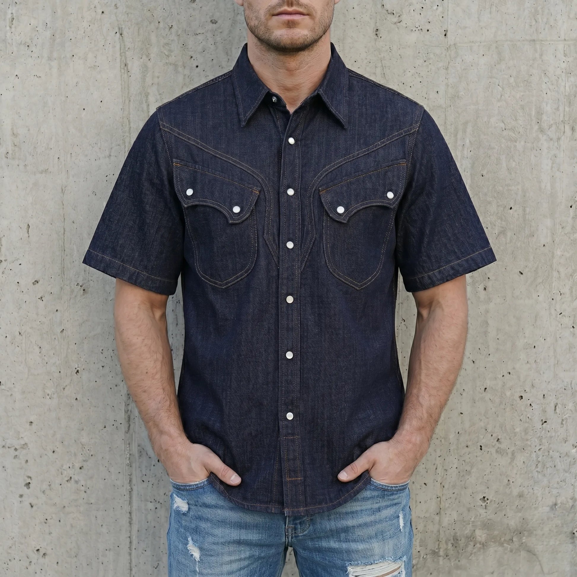 7oz Slub Cotton Indigo Western Shirt - Short Sleeve