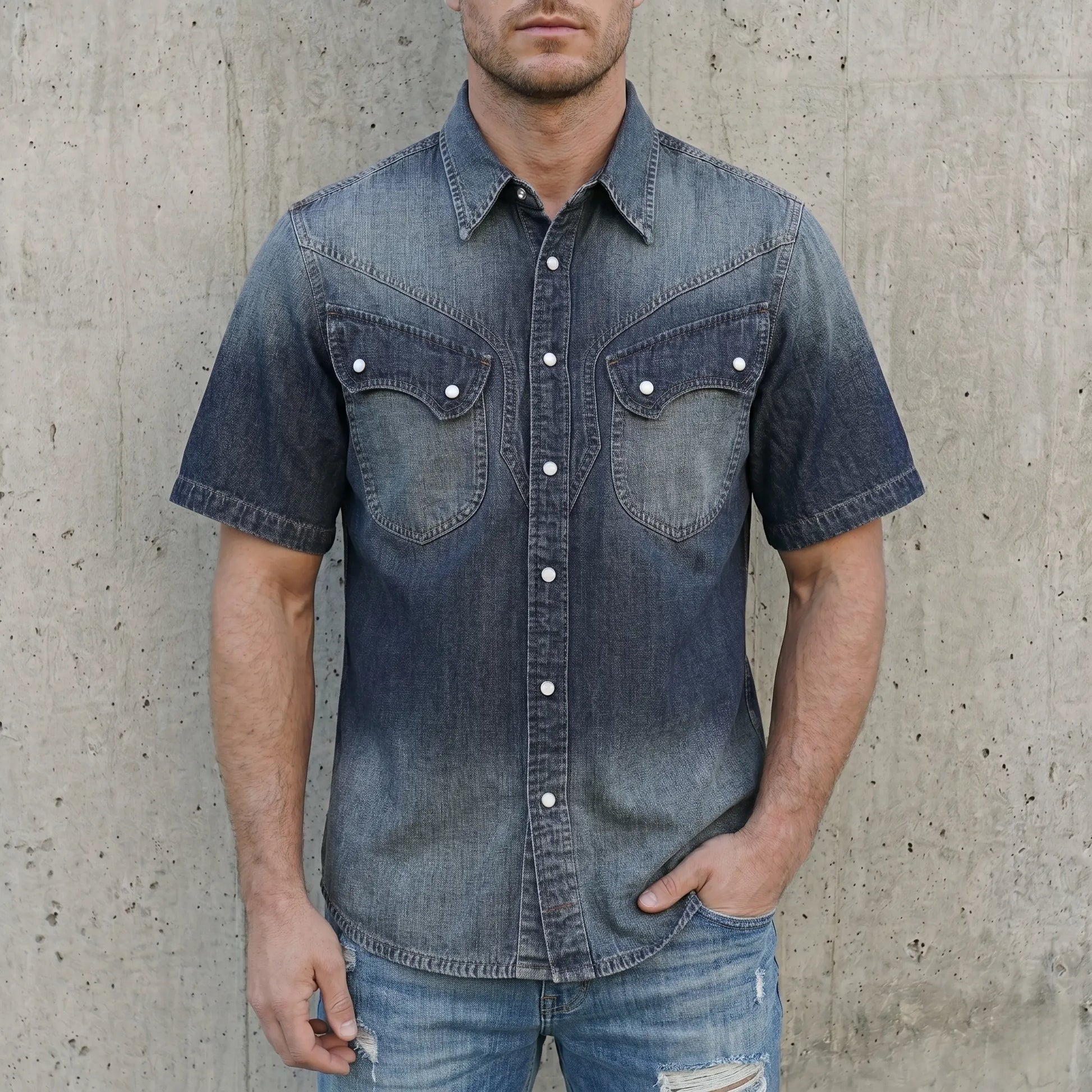 7oz Slub Cotton Indigo Western Shirt - Short Sleeve
