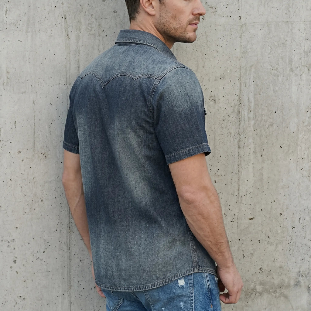 7oz Slub Cotton Indigo Western Shirt - Short Sleeve