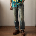 12oz vintage blue washed slim straight selvedge jeans model, front