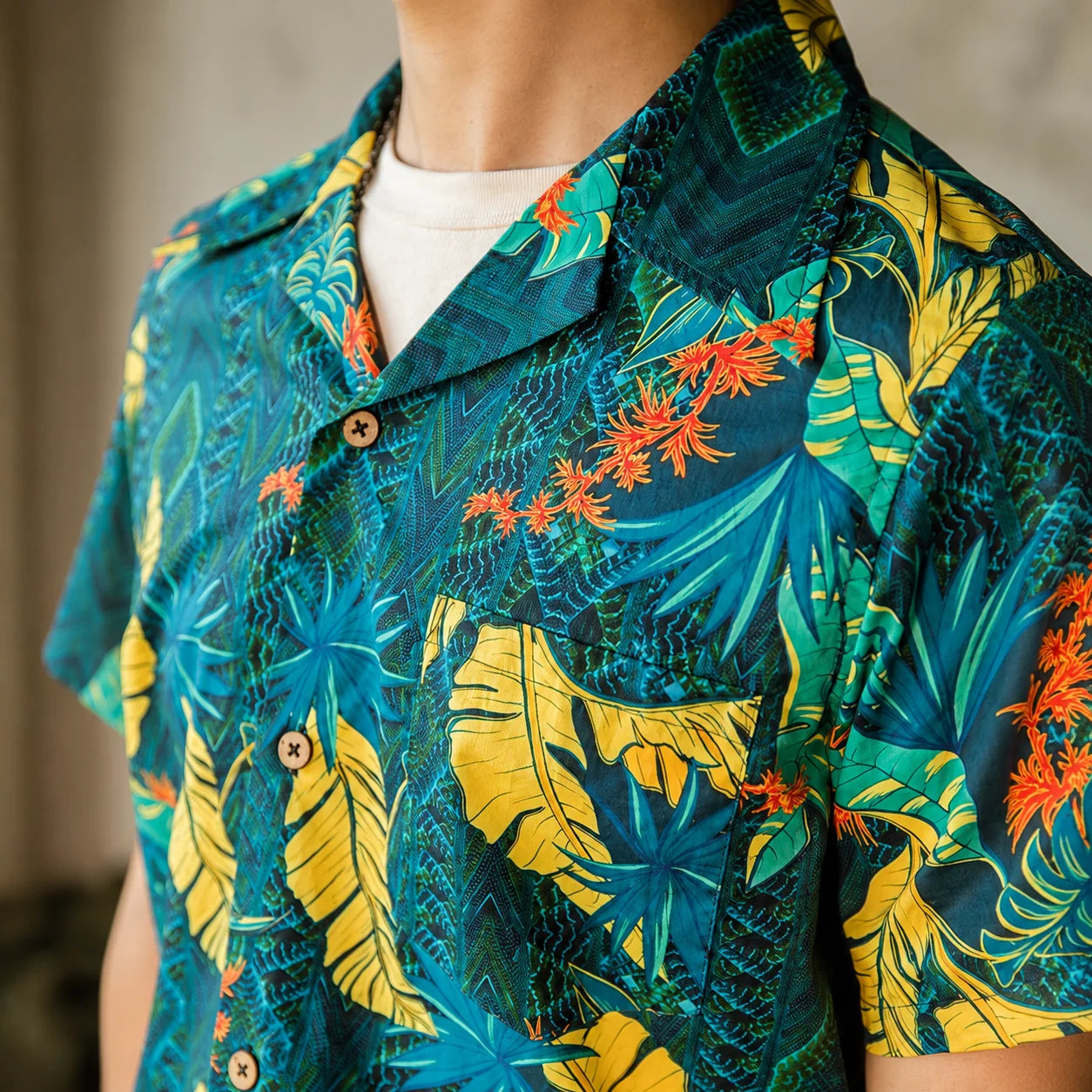 Tropical Botanical Organic Cotton Camp Collar Hawaiian Shirt