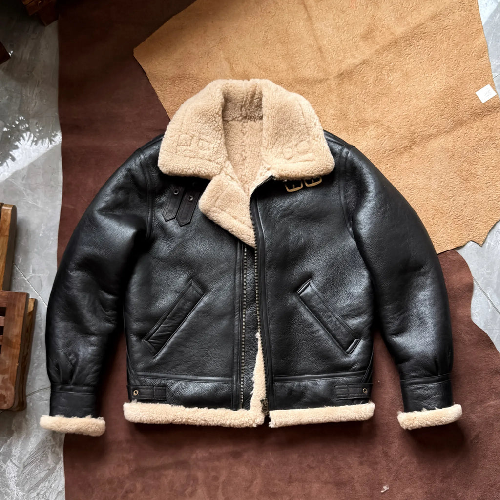 Front product view of black 1930s Inspired Type B-3 Sheepskin Leather Bomber Jacket