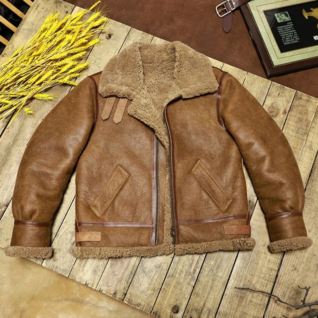 Front product view of brown 1930s Inspired Type B-3 Sheepskin Leather Bomber Jacket, alternate view 2
