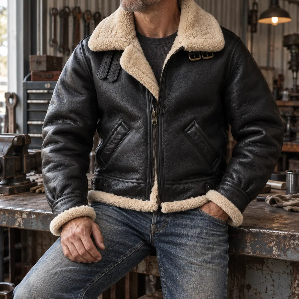 A man wearing a black leather aviator-style jacket with a thick beige shearling collar and cuffs, seated in a rustic workshop environment.