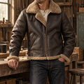 Front view of model wearing brown 1930s Inspired Type B-3 Sheepskin Leather Bomber Jacket