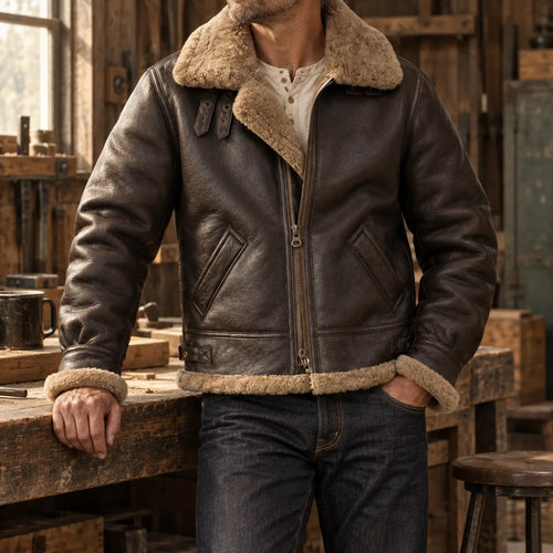 Front view of model wearing brown 1930s Inspired Type B-3 Sheepskin Leather Bomber Jacket
