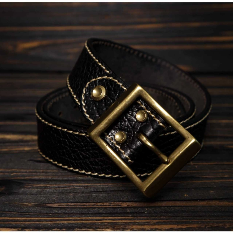 Full-Grain Bison Leather Belt – Rectangle Buckle with Chicago Screws
