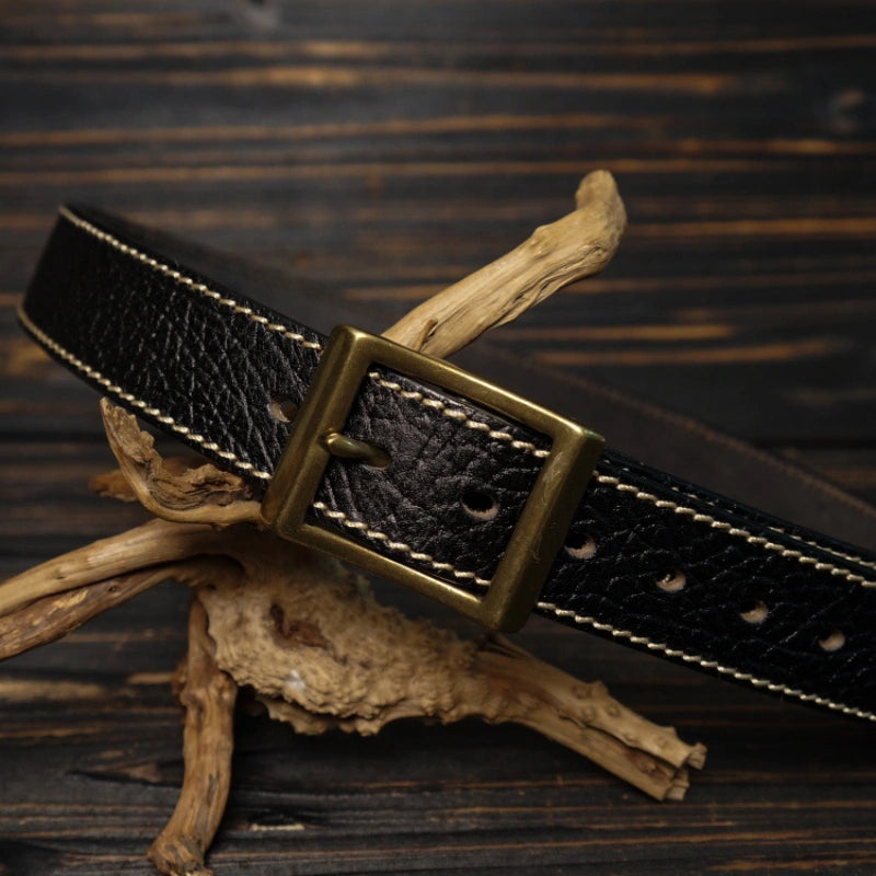 Full-Grain Bison Leather Belt – Rectangle Buckle with Chicago Screws