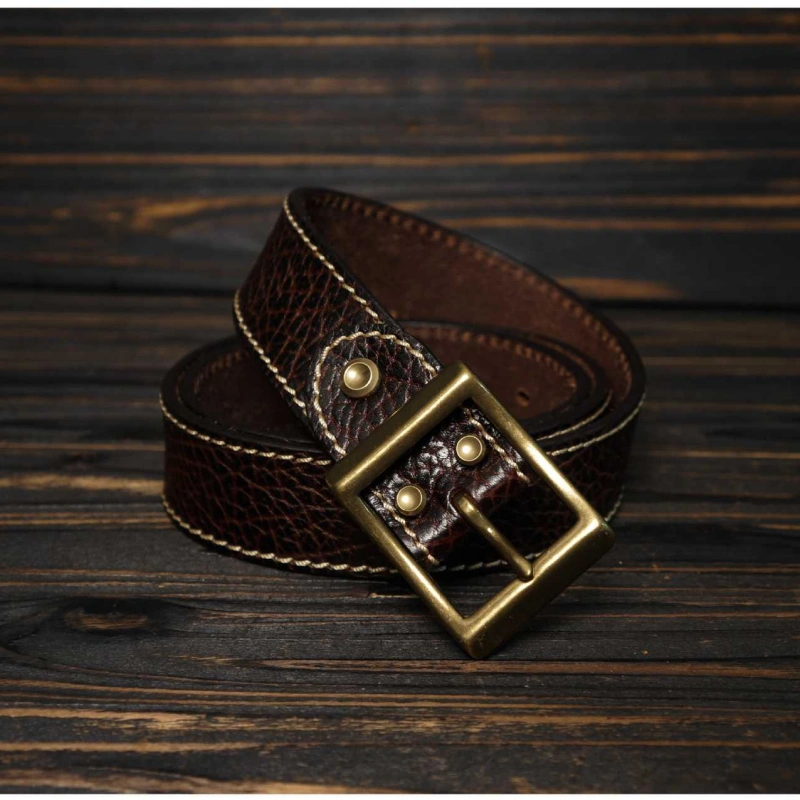 Full-Grain Bison Leather Belt – Rectangle Buckle with Chicago Screws