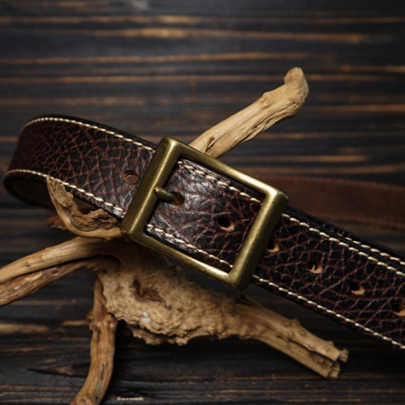 Full-Grain Bison Leather Belt – Rectangle Buckle with Chicago Screws