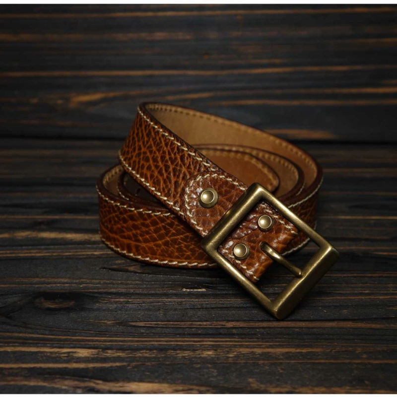 Full-Grain Bison Leather Belt – Rectangle Buckle with Chicago Screws