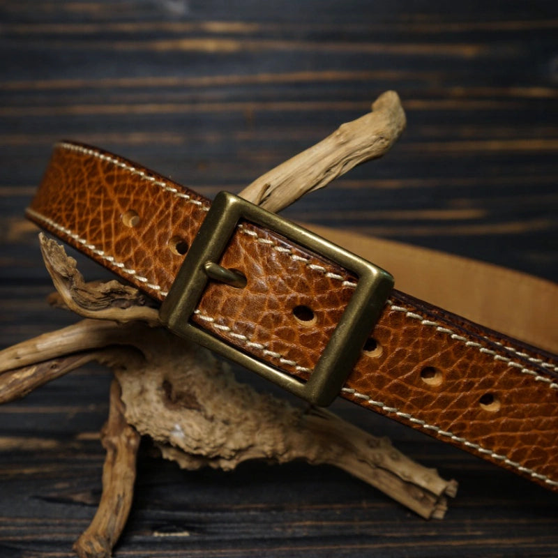Full-Grain Bison Leather Belt – Rectangle Buckle with Chicago Screws
