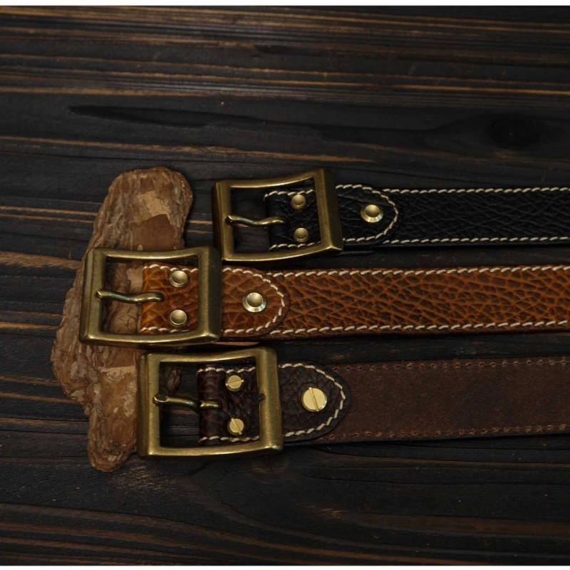 Full-Grain Bison Leather Belt – Rectangle Buckle with Chicago Screws