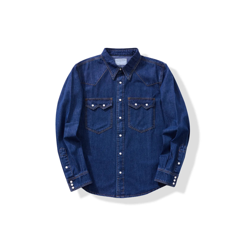 Front product view of classic blue 7oz Lightweight Classic Western Denim Shirt – 3 Washes