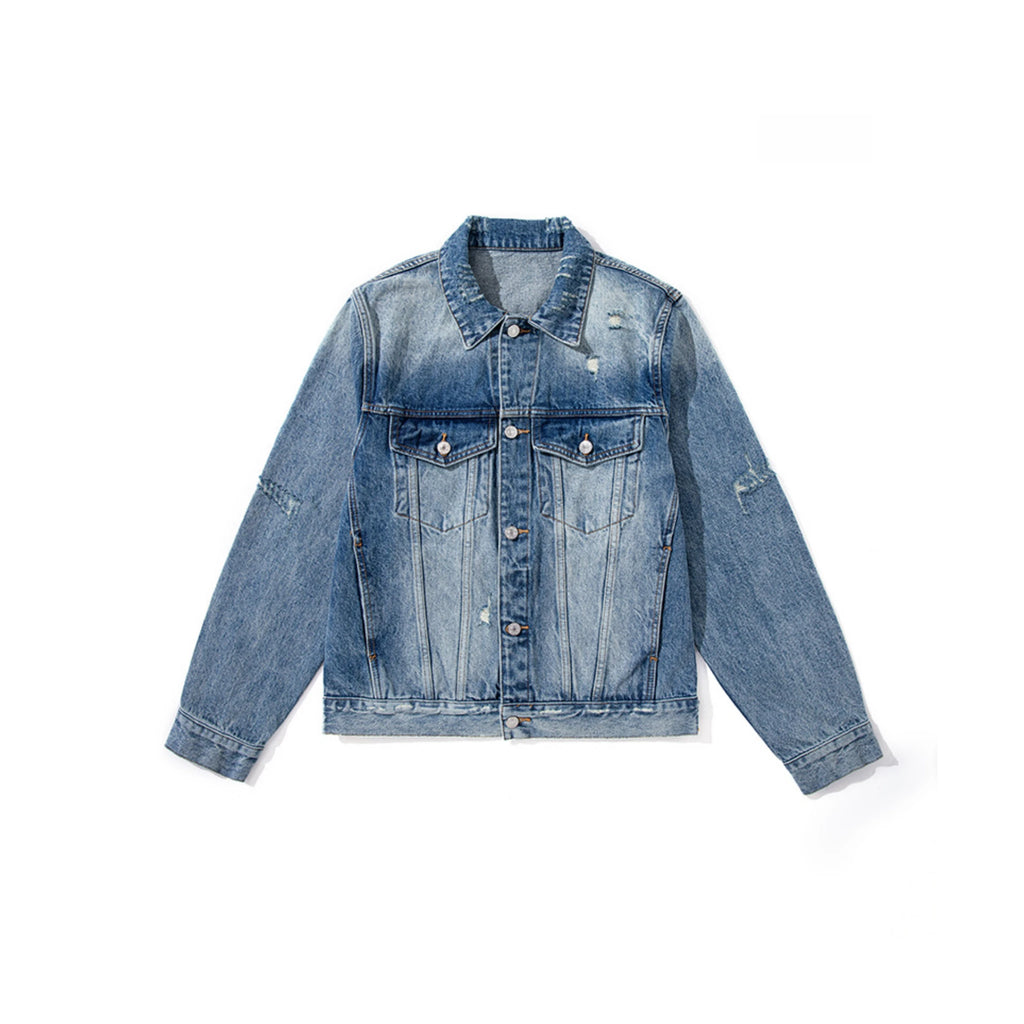 Blue denim jacket on a white background